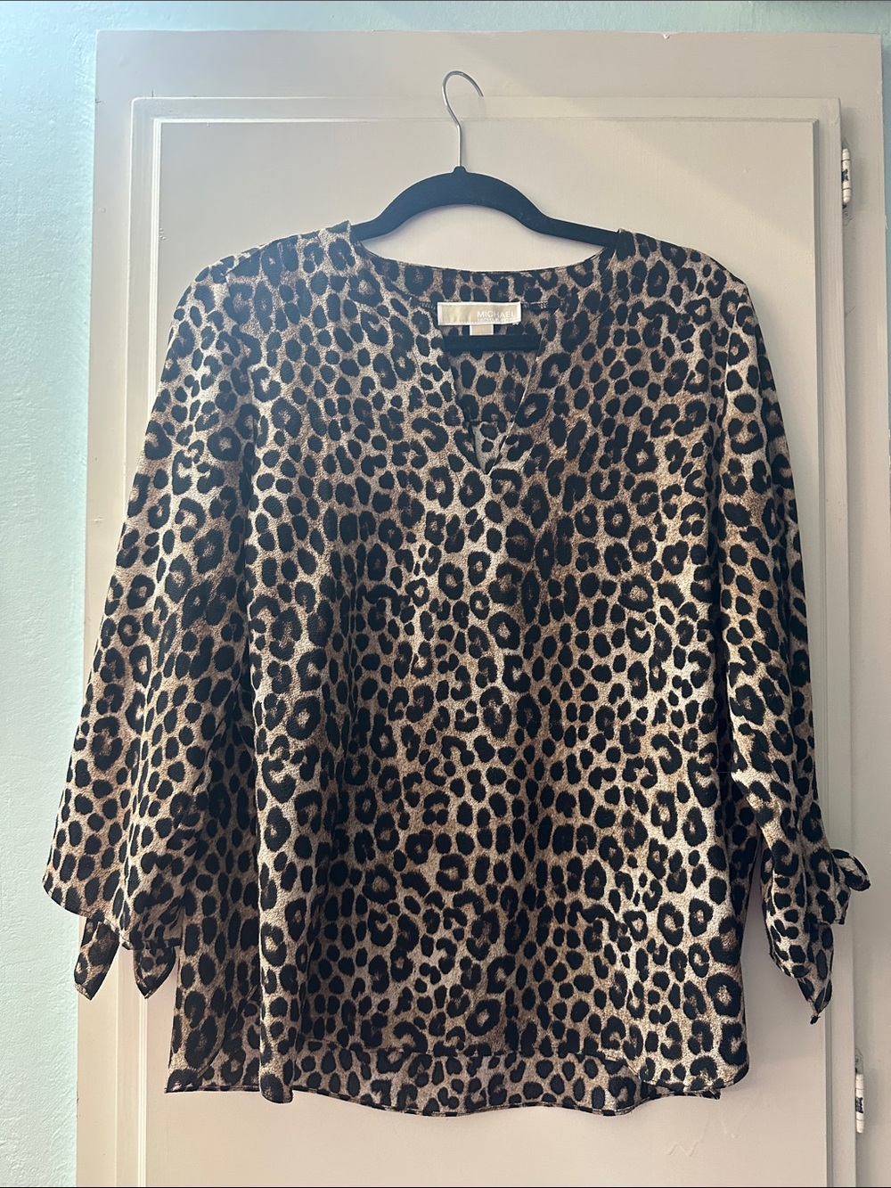 Michael Kors Leopard Print V-Neck Blouse in Brown and Black